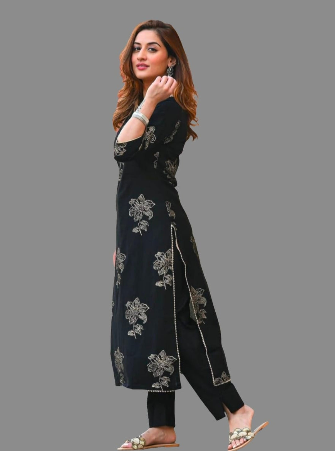 Printed Rayon Black Kurta Set