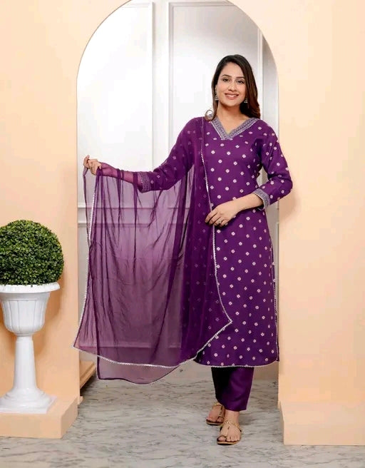 Rayon Bandhani Print
Straight Embroidered Lace Work Women