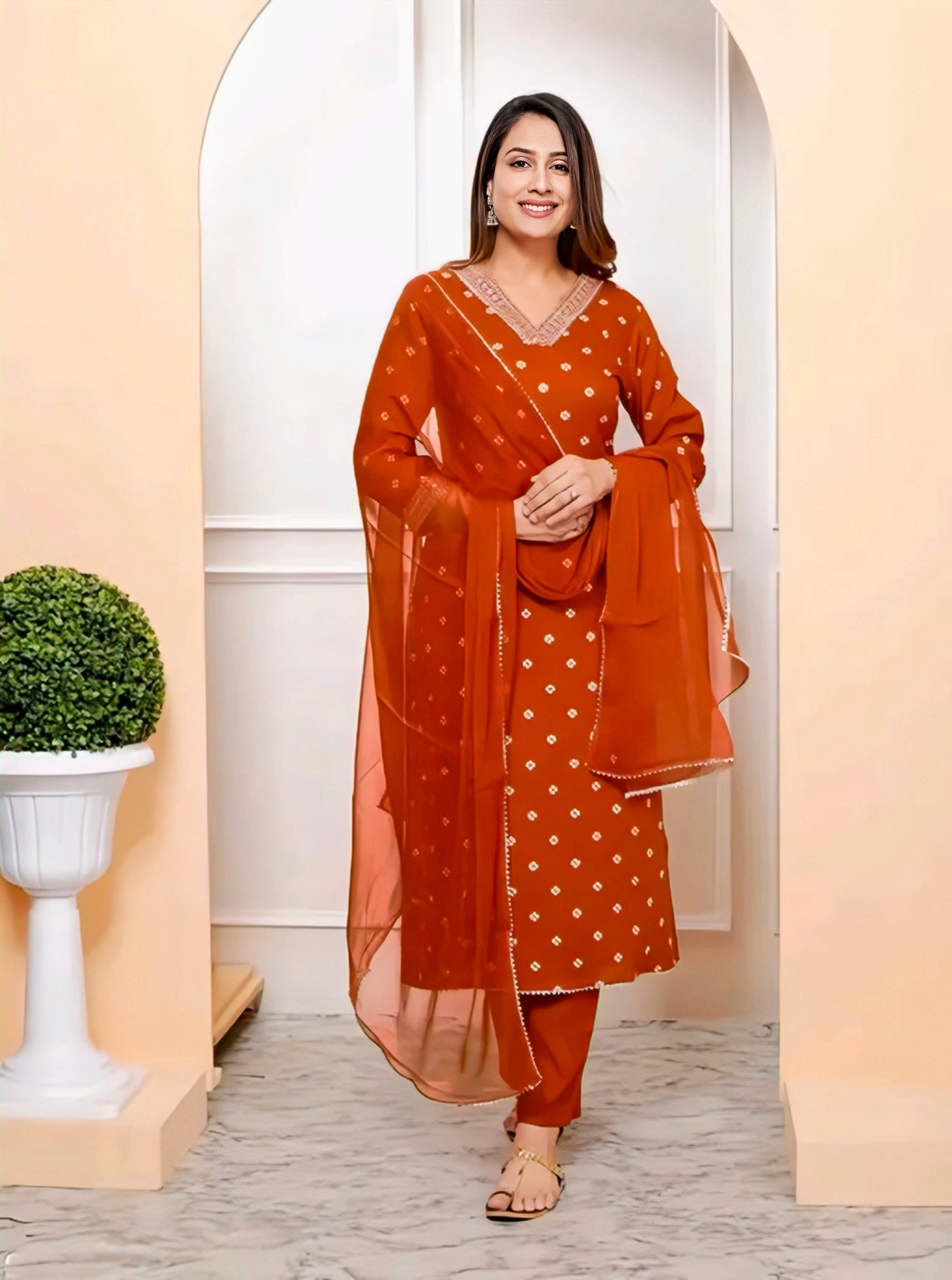 Orange Rayon Bandhani Print Straight Embroidered Lace Work Women Kurta pant with dupatta