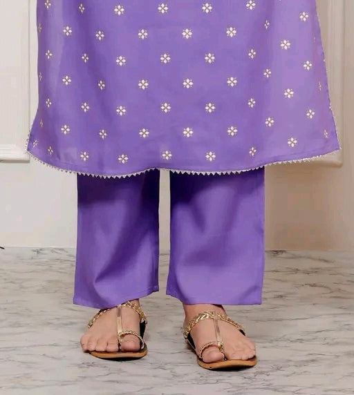 Purple Rayon Bandhani Print Straight Embroidered Lace Work Women Kurta pant with dupatta