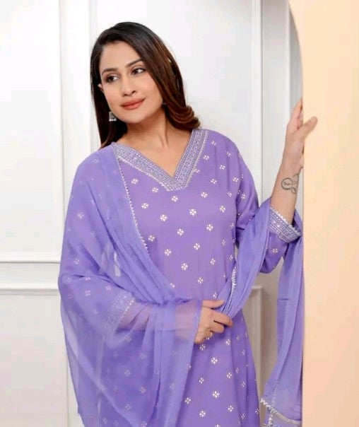 Purple Rayon Bandhani Print Straight Embroidered Lace Work Women Kurta pant with dupatta