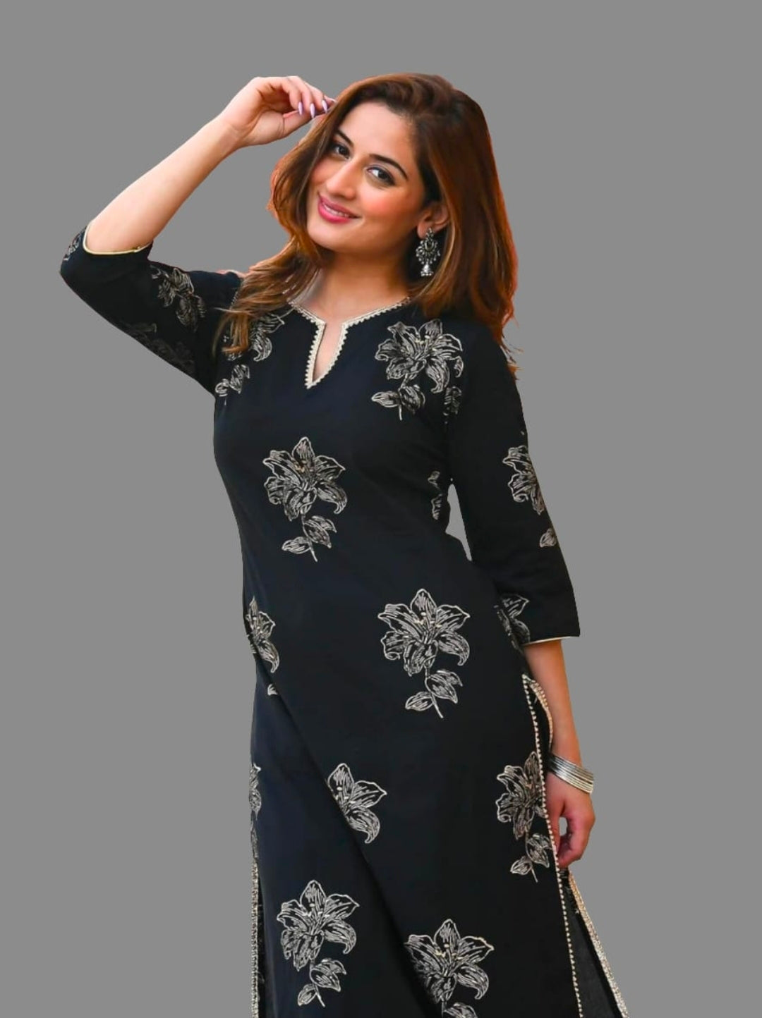 Printed Rayon Black Kurta Set