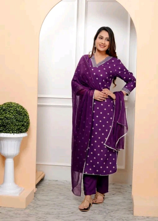 Rayon Bandhani Print
Straight Embroidered Lace Work Women