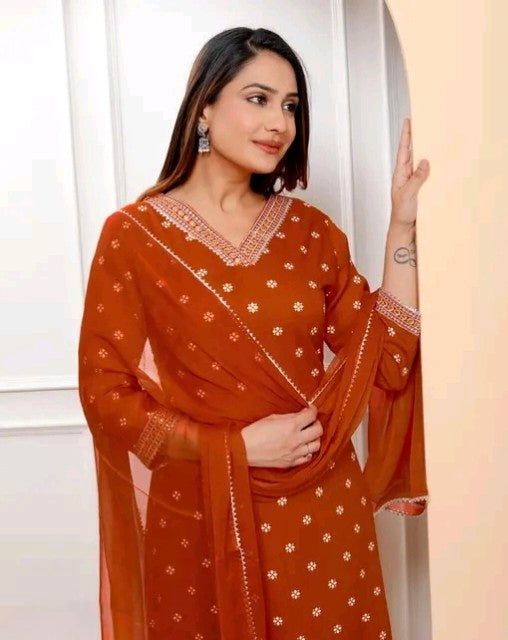 Orange Rayon Bandhani Print Straight Embroidered Lace Work Women Kurta pant with dupatta