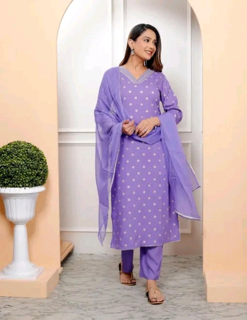 Purple Rayon Bandhani Print Straight Embroidered Lace Work Women Kurta pant with dupatta