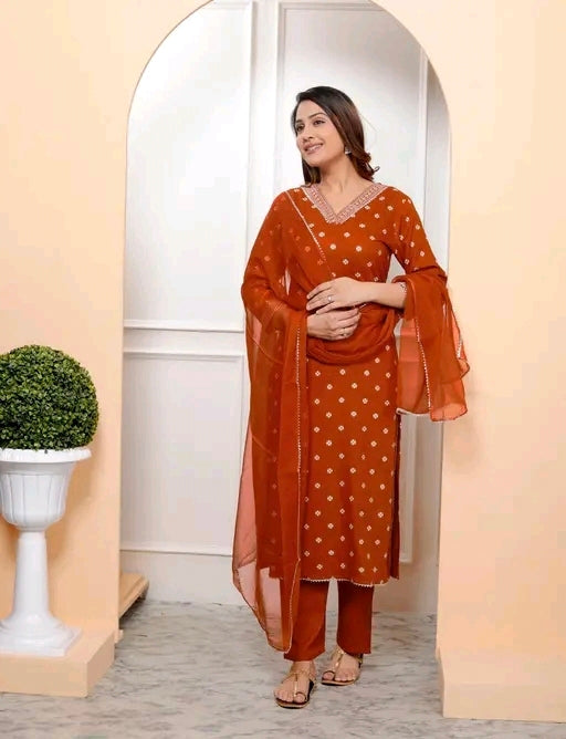 Orange Rayon Bandhani Print Straight Embroidered Lace Work Women Kurta pant with dupatta