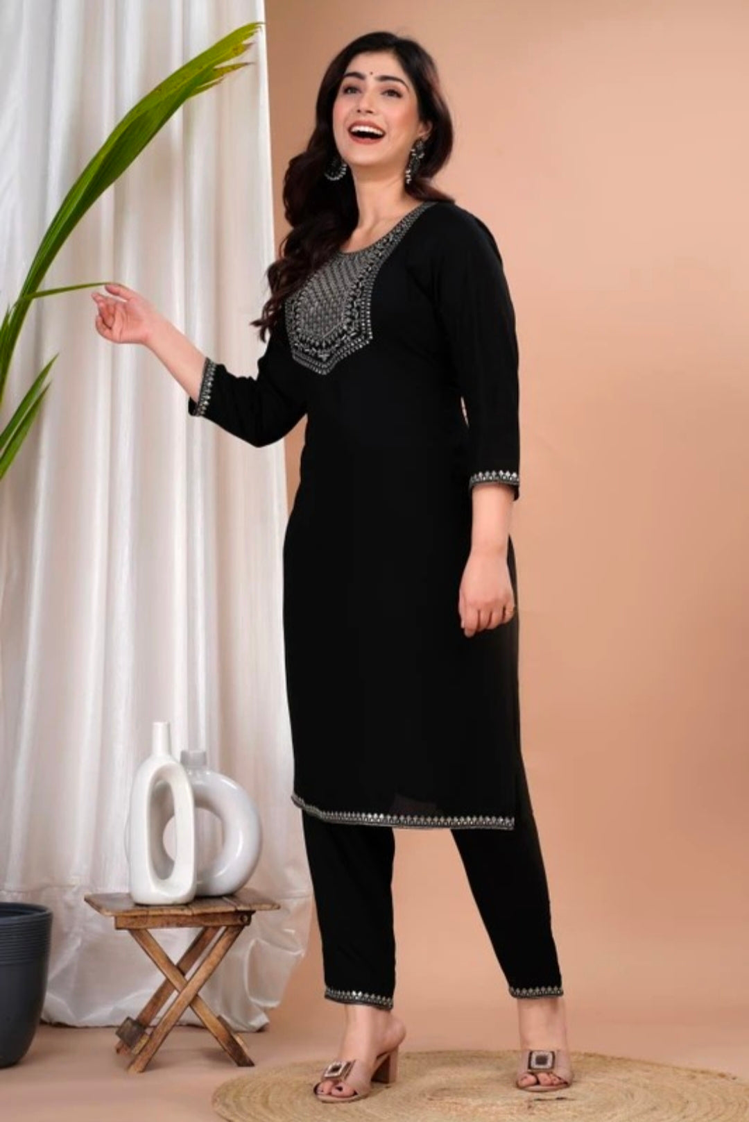 Black Kurta Pant Set with Sequence Work