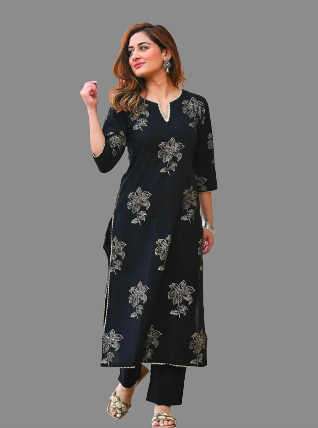 Printed Rayon Black Kurta Set