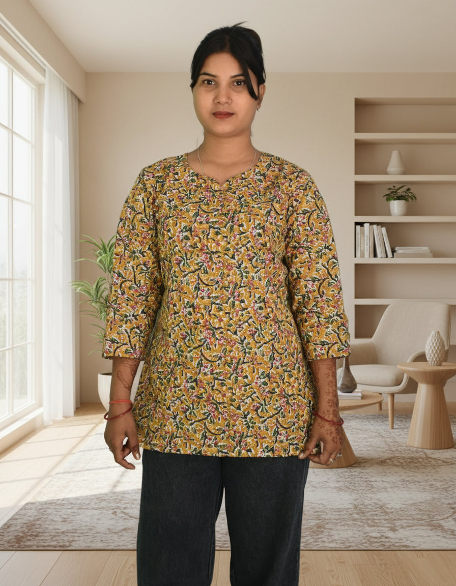 Mustard Floral Kalamkari Short Kurti