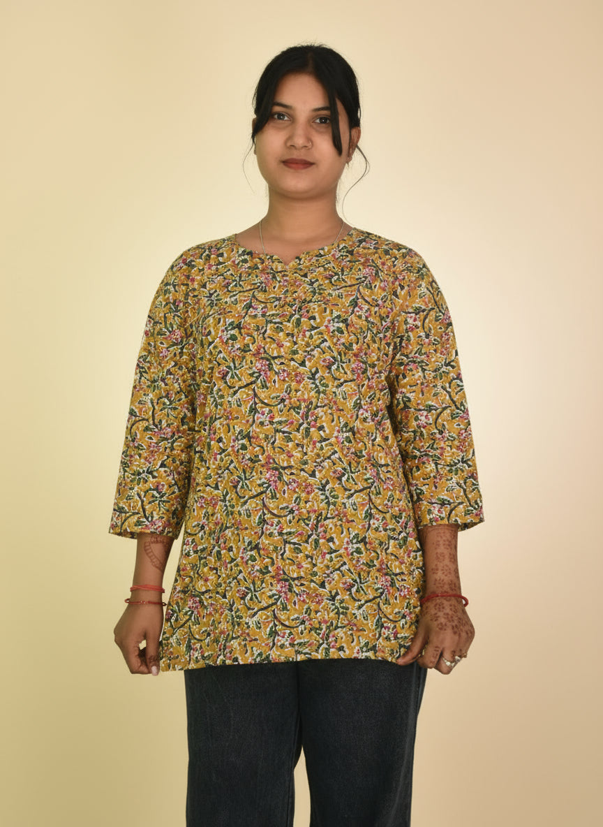 Mustard Floral Kalamkari Short Kurti