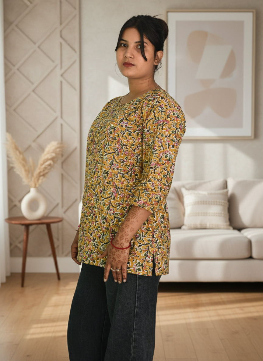 Mustard Floral Kalamkari Short Kurti