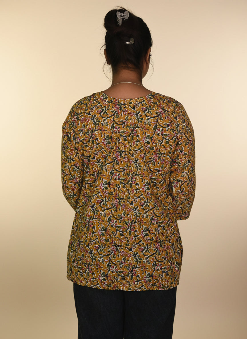 Mustard Floral Kalamkari Short Kurti