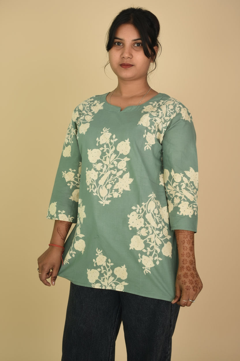 Sage Green Floral Motif Short Kurti