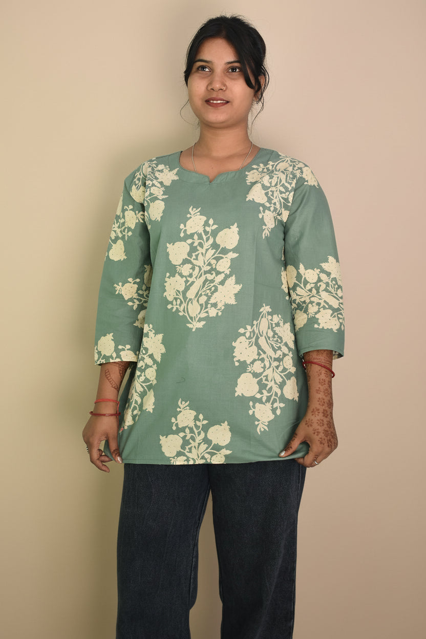 Sage Green Floral Motif Short Kurti