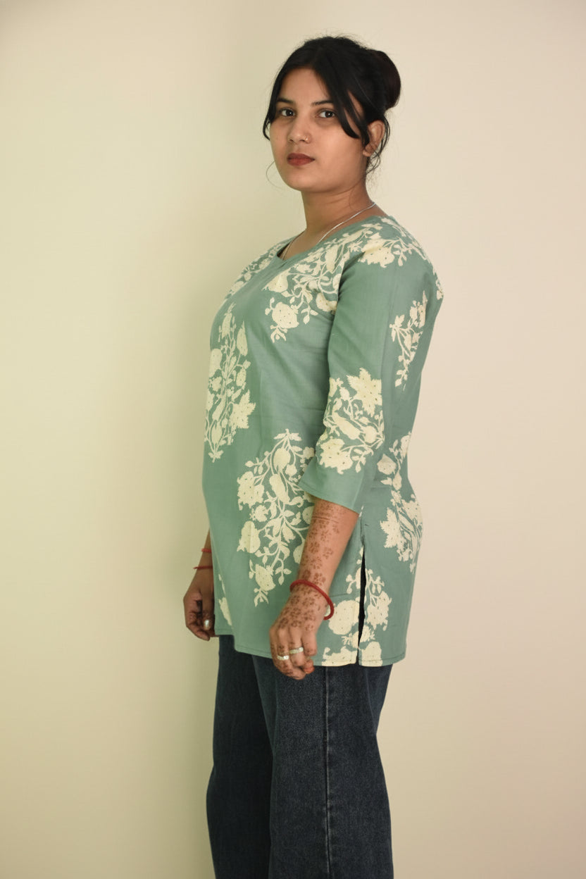 Sage Green Floral Motif Short Kurti