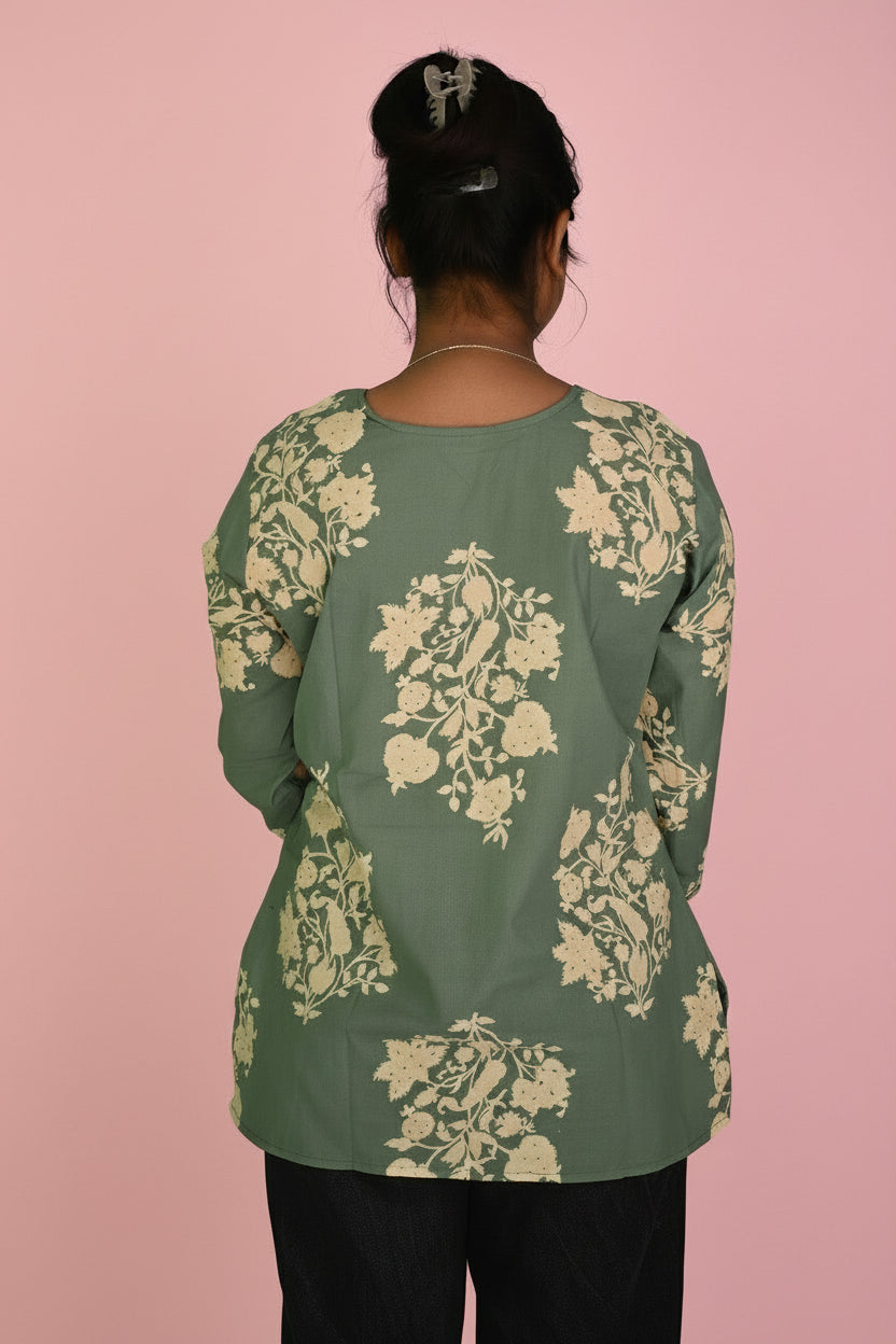 Sage Green Floral Motif Short Kurti