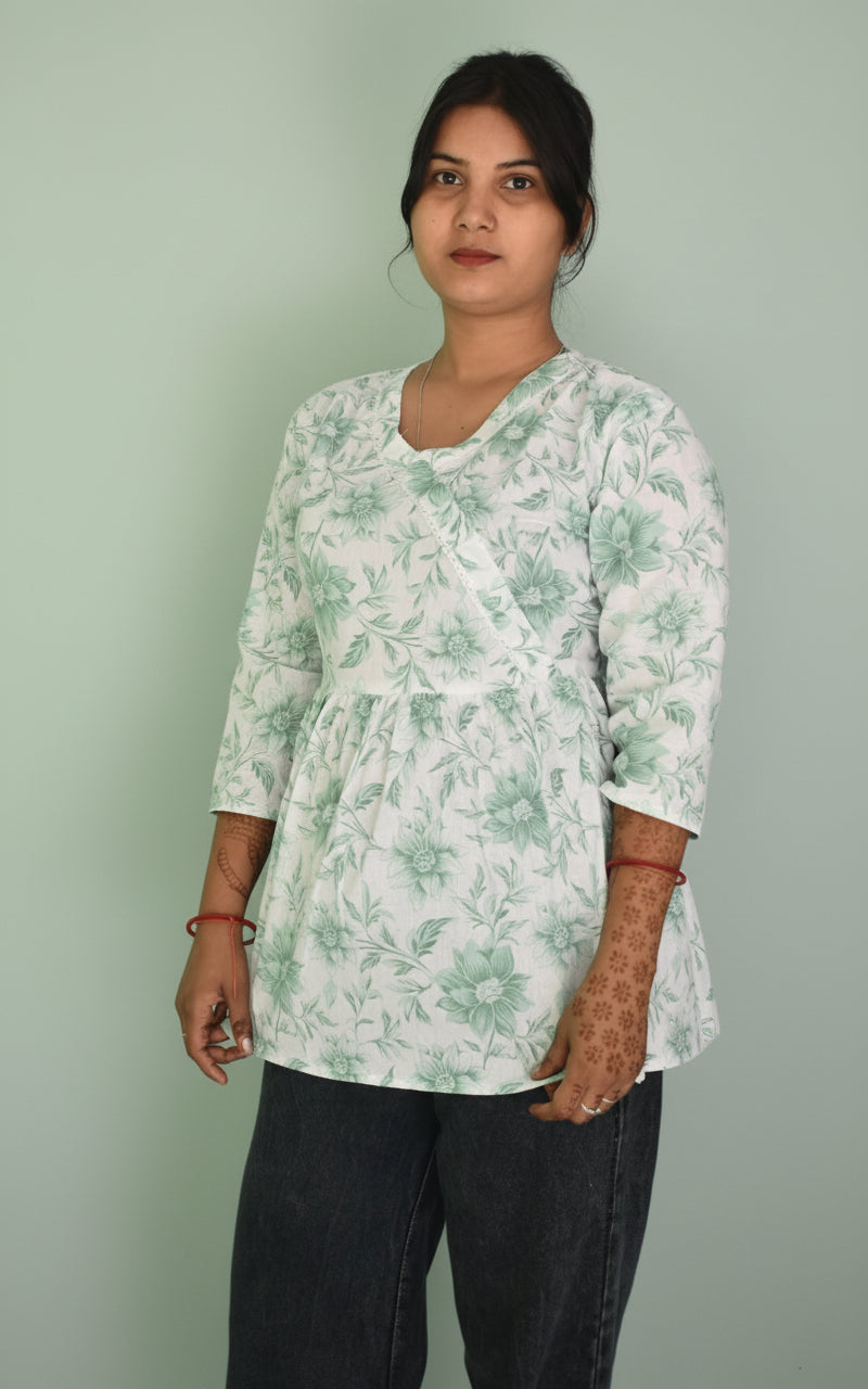 Floral Charm Cotton Angrakha Short Kurti – Mint Green