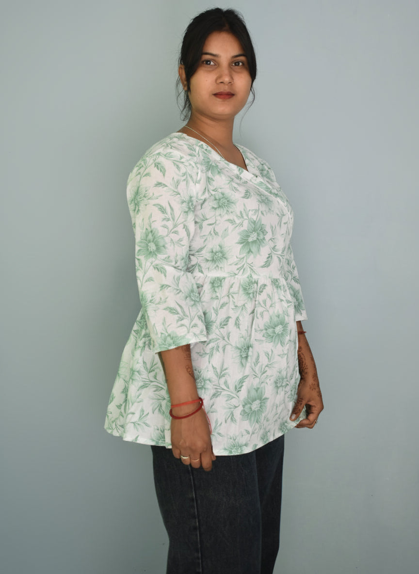 Floral Charm Cotton Angrakha Short Kurti – Mint Green