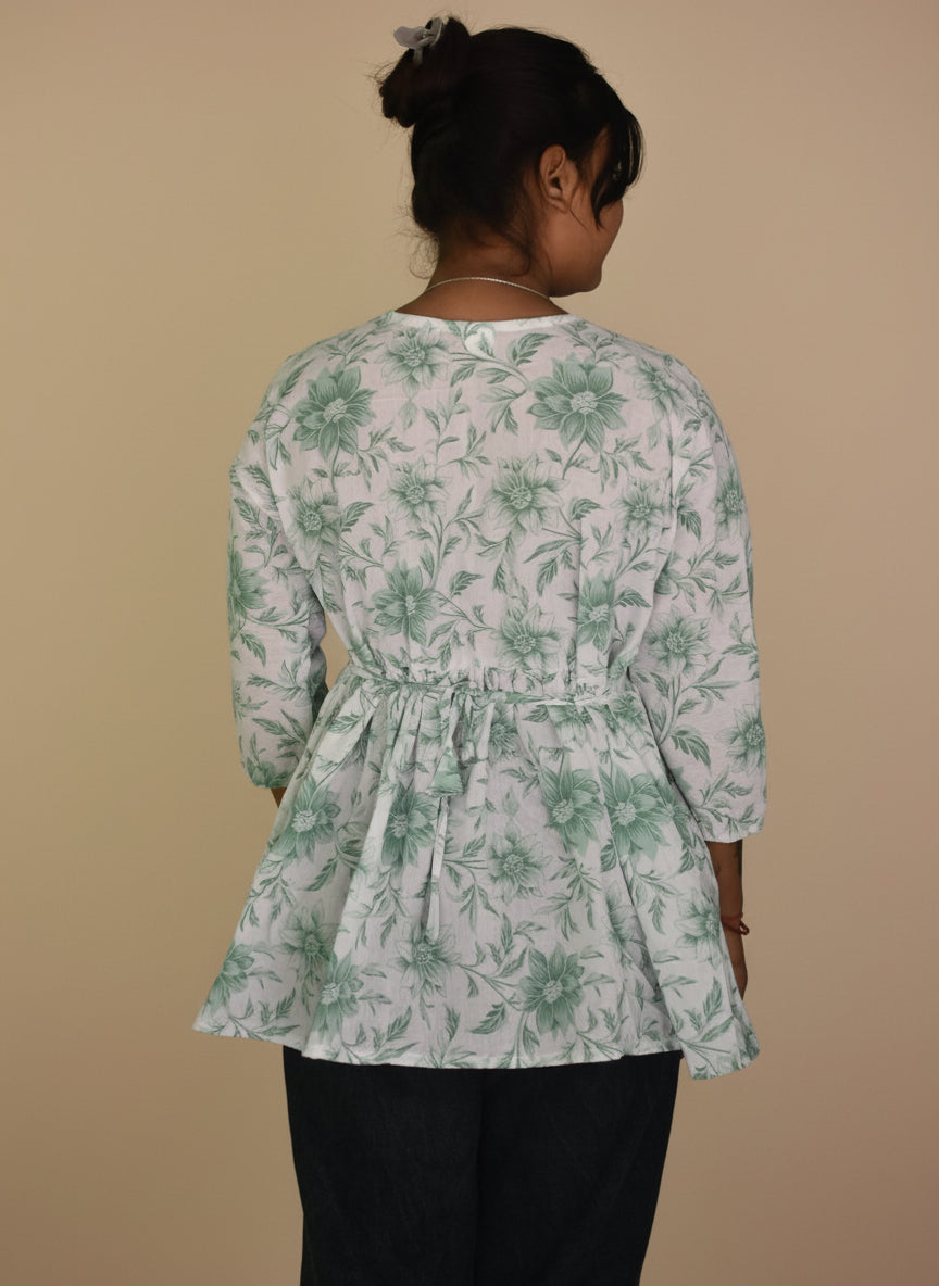 Floral Charm Cotton Angrakha Short Kurti – Mint Green