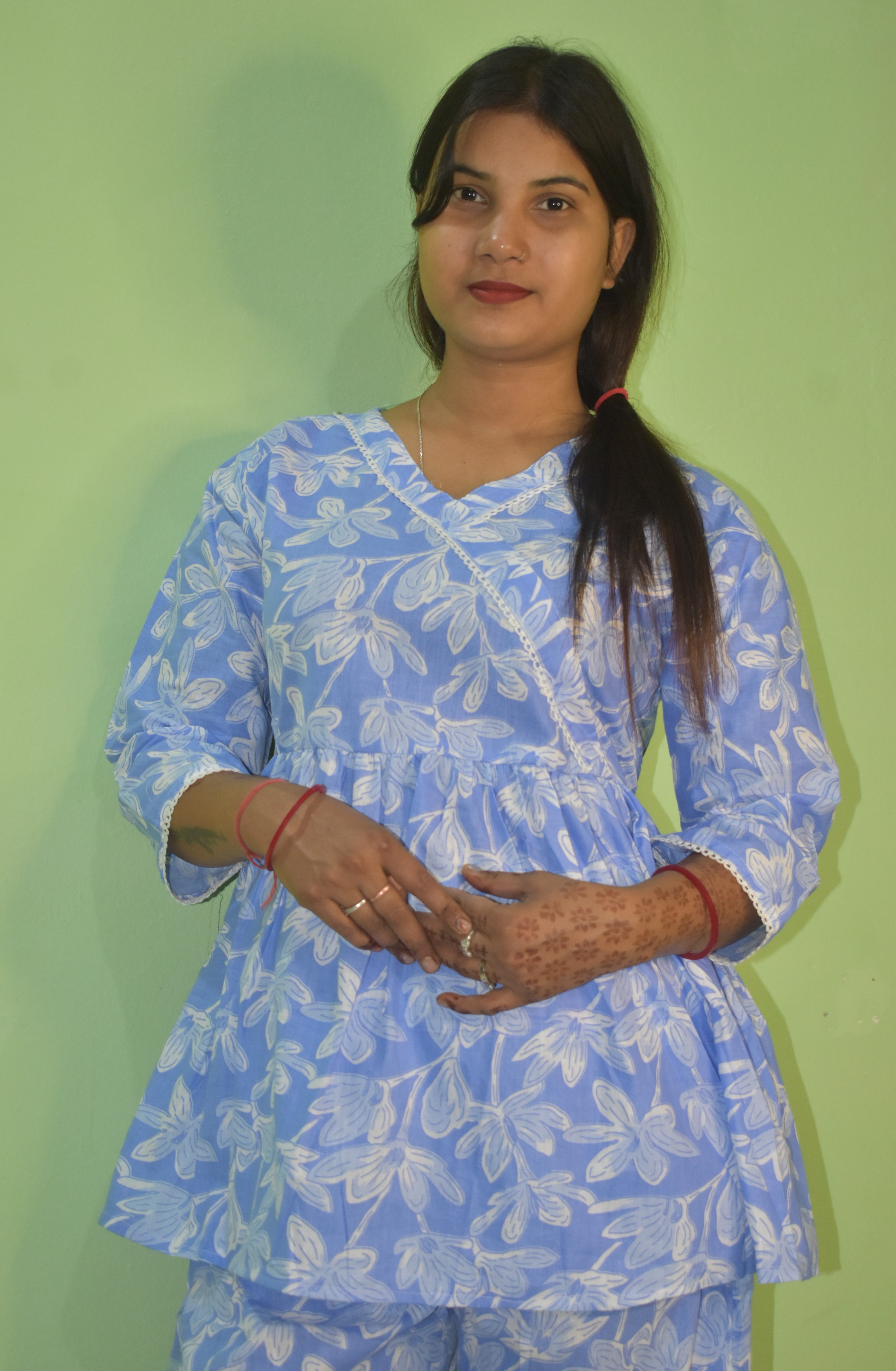 Sky Blue Floral Bliss Angrakha Short Kurti