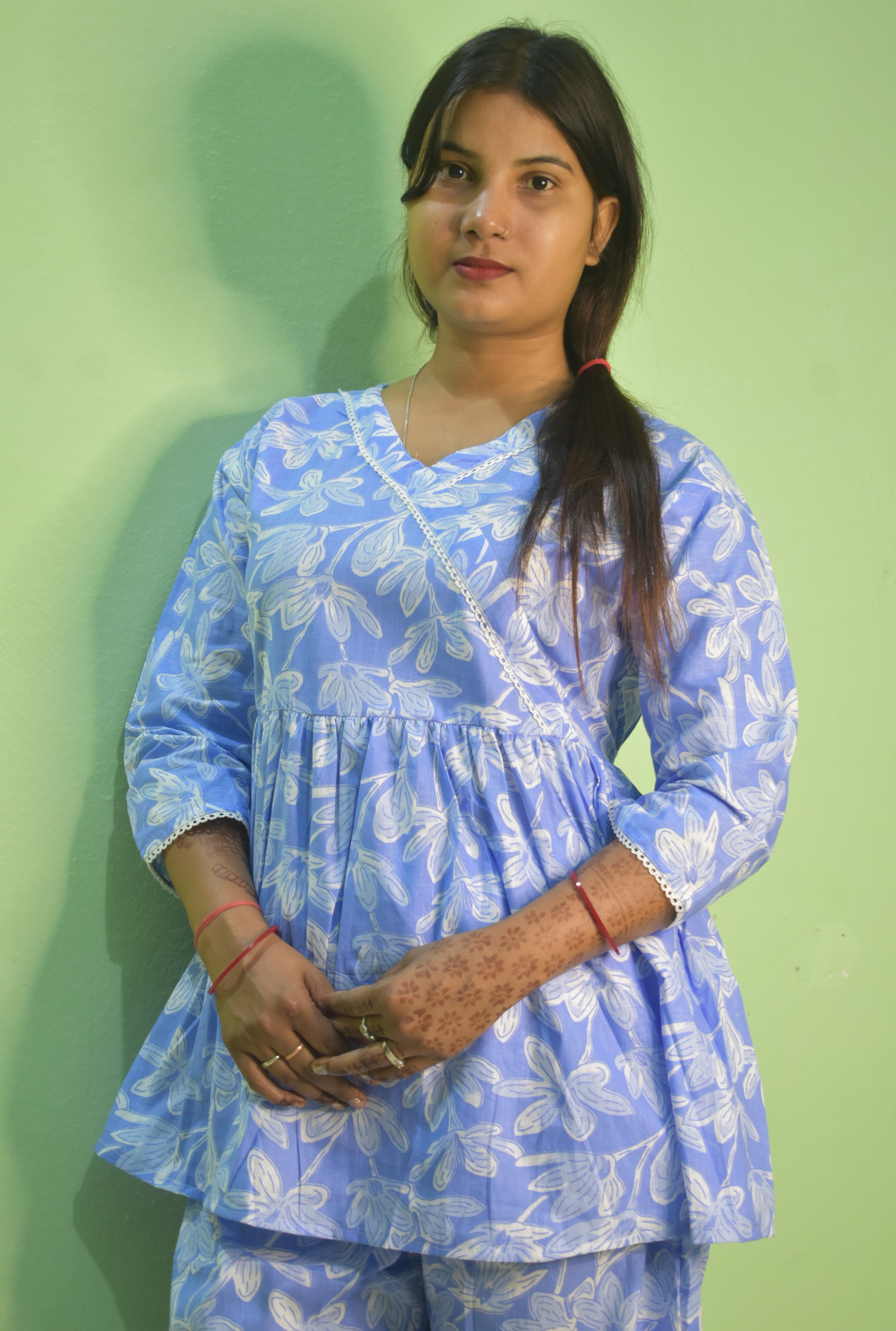Sky Blue Floral Bliss Angrakha Short Kurti