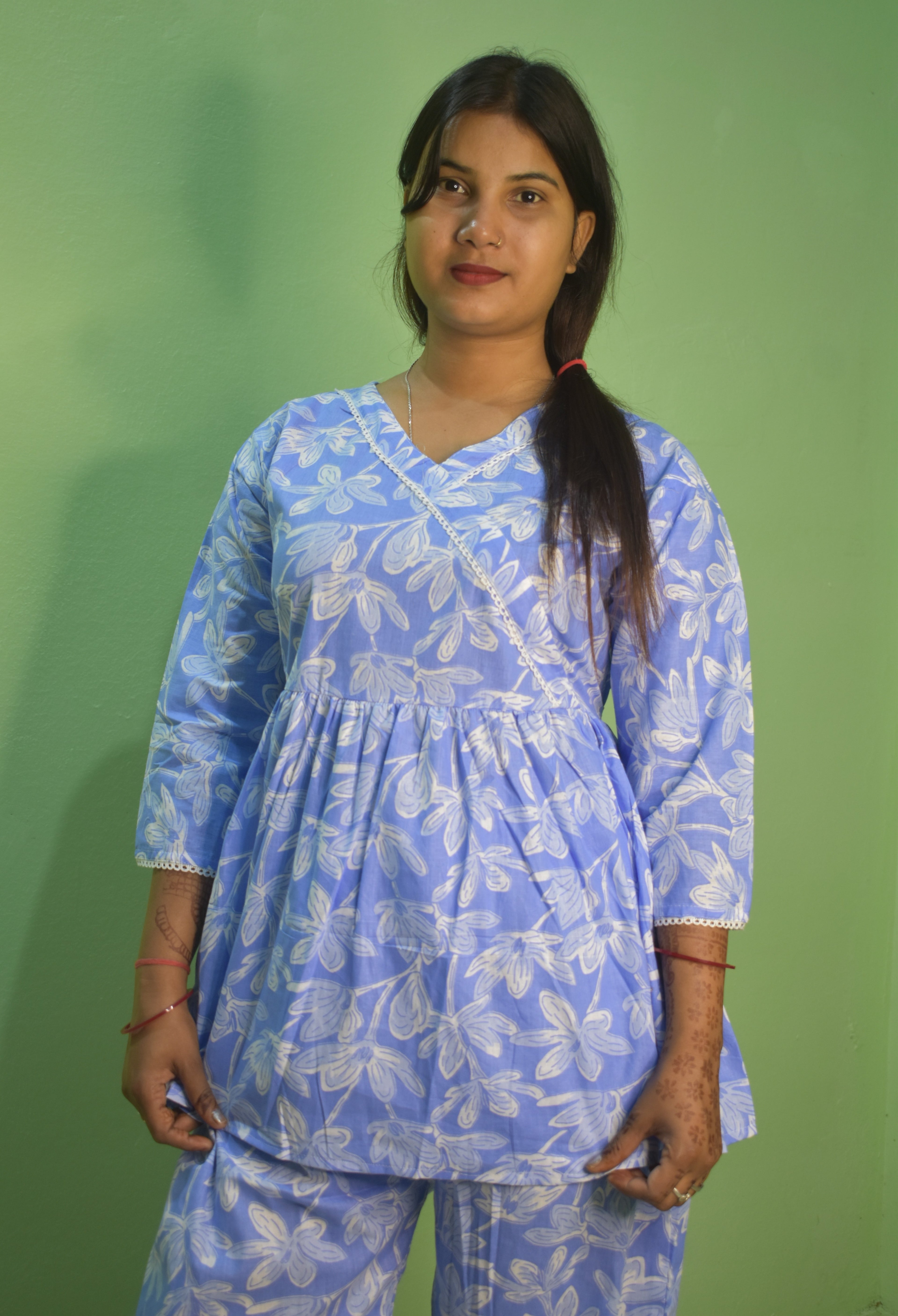 Sky Blue Floral Bliss Angrakha Short Kurti