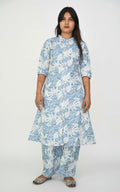 Women's Blue Leaf Print Cotton A-Line Kurta & Palazzo Set