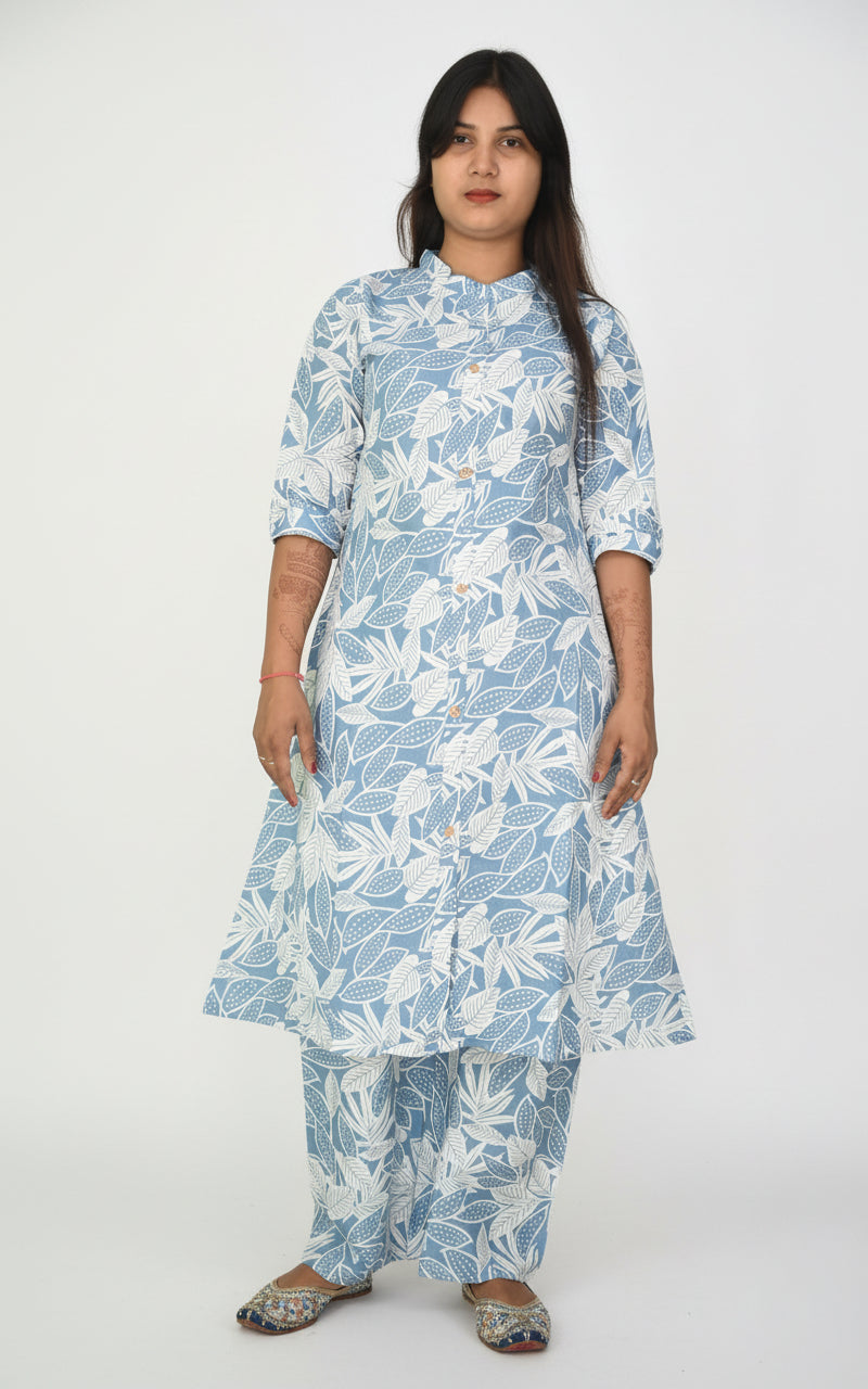 Women's Blue Leaf Print Cotton A-Line Kurta & Palazzo Set