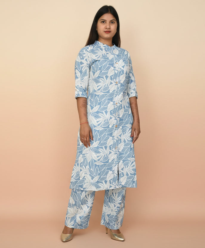 Women's Blue Leaf Print Cotton A-Line Kurta & Palazzo Set