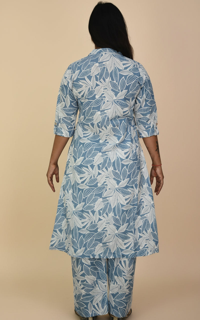 Women's Blue Leaf Print Cotton A-Line Kurta & Palazzo Set