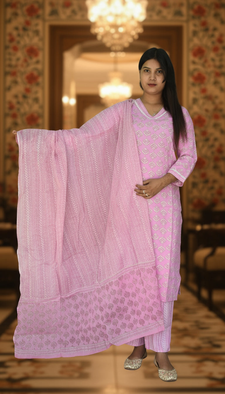 Charming Pink Floral Printed Cotton Kurta Set