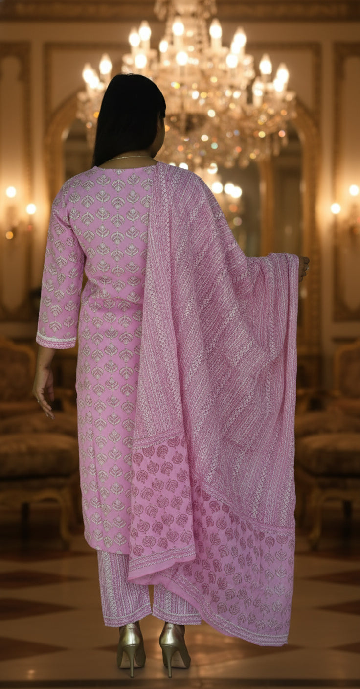 Charming Pink Floral Printed Cotton Kurta Set