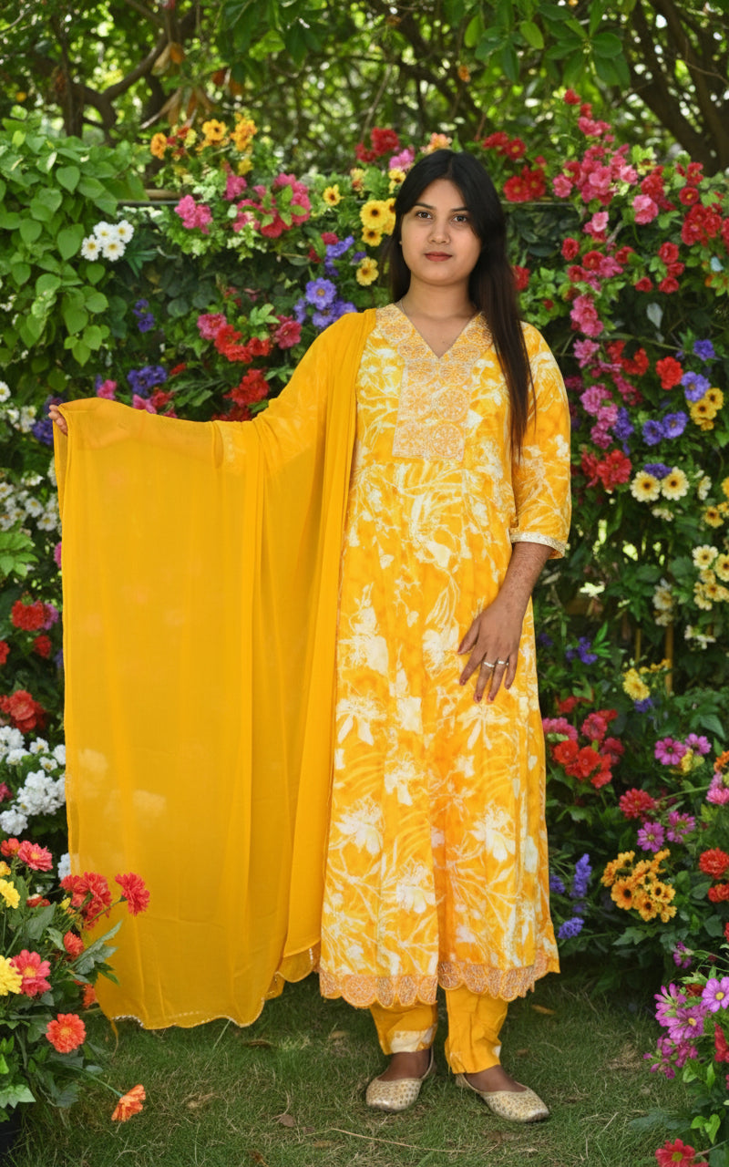 Yellow Floral Print Anarkali Kurta Set