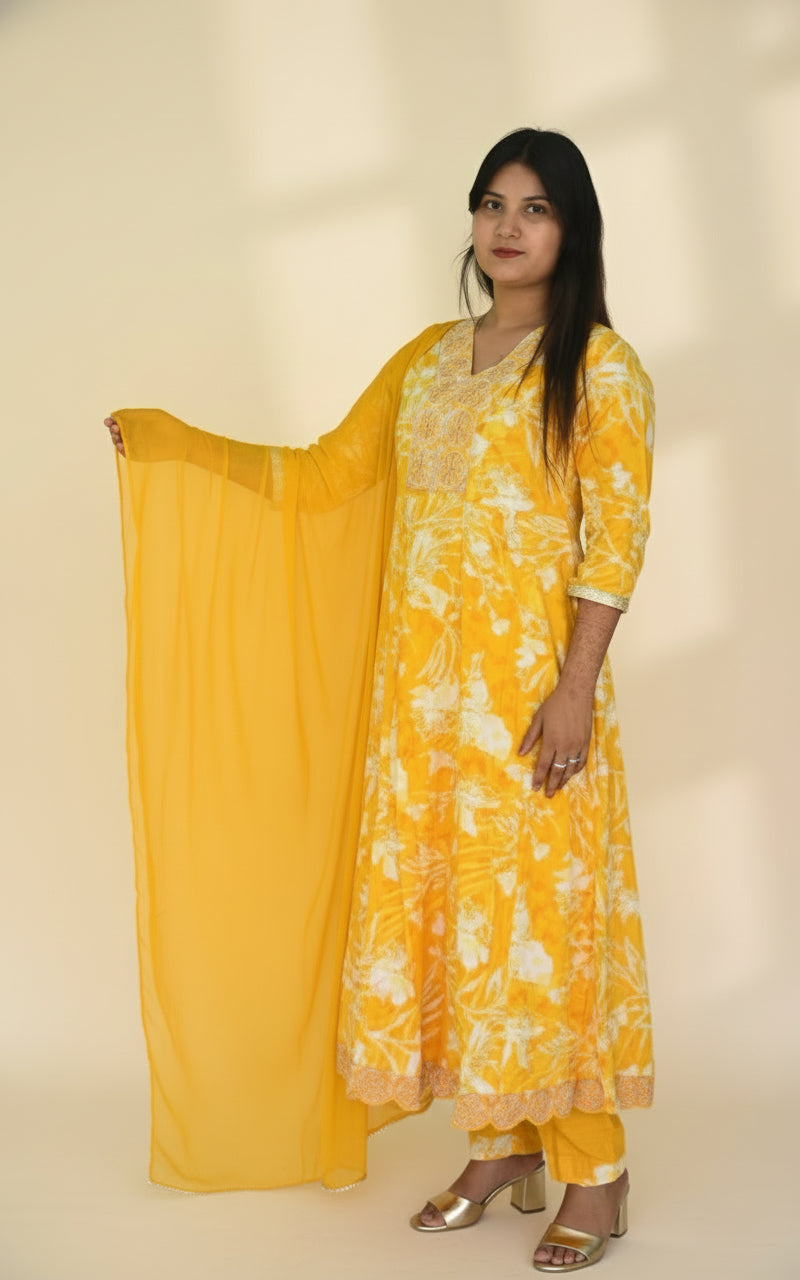 Yellow Floral Print Anarkali Kurta Set