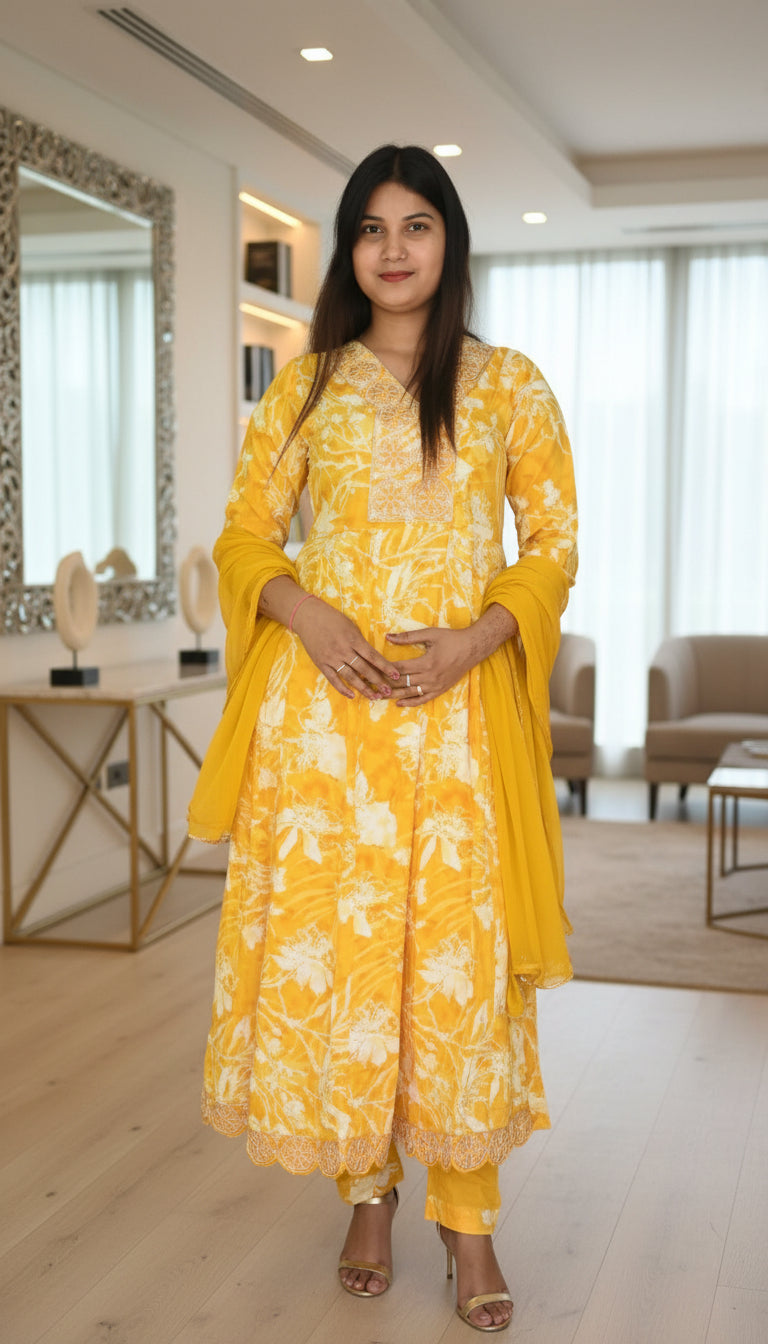 Yellow Floral Print Anarkali Kurta Set