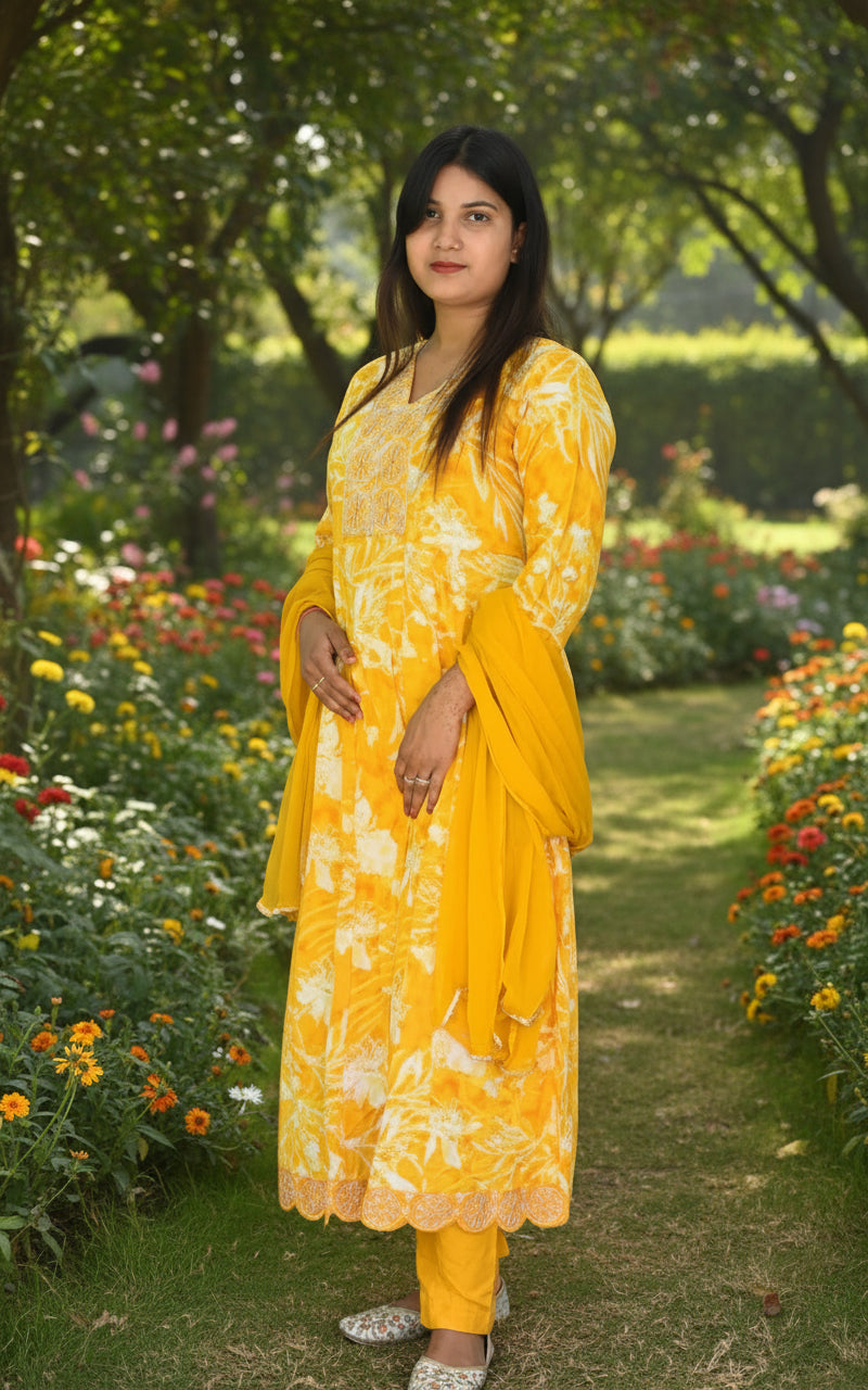Yellow Floral Print Anarkali Kurta Set