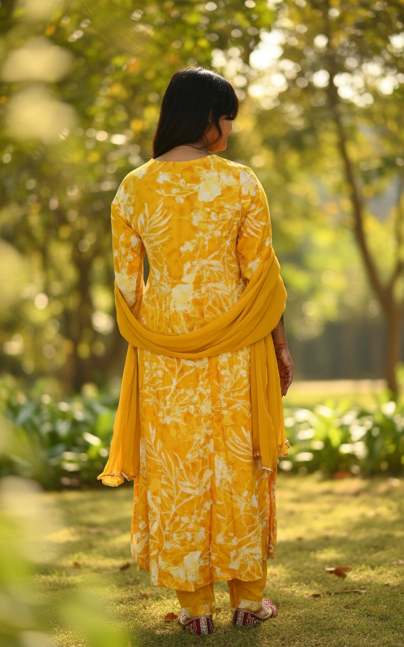 Yellow Floral Print Anarkali Kurta Set