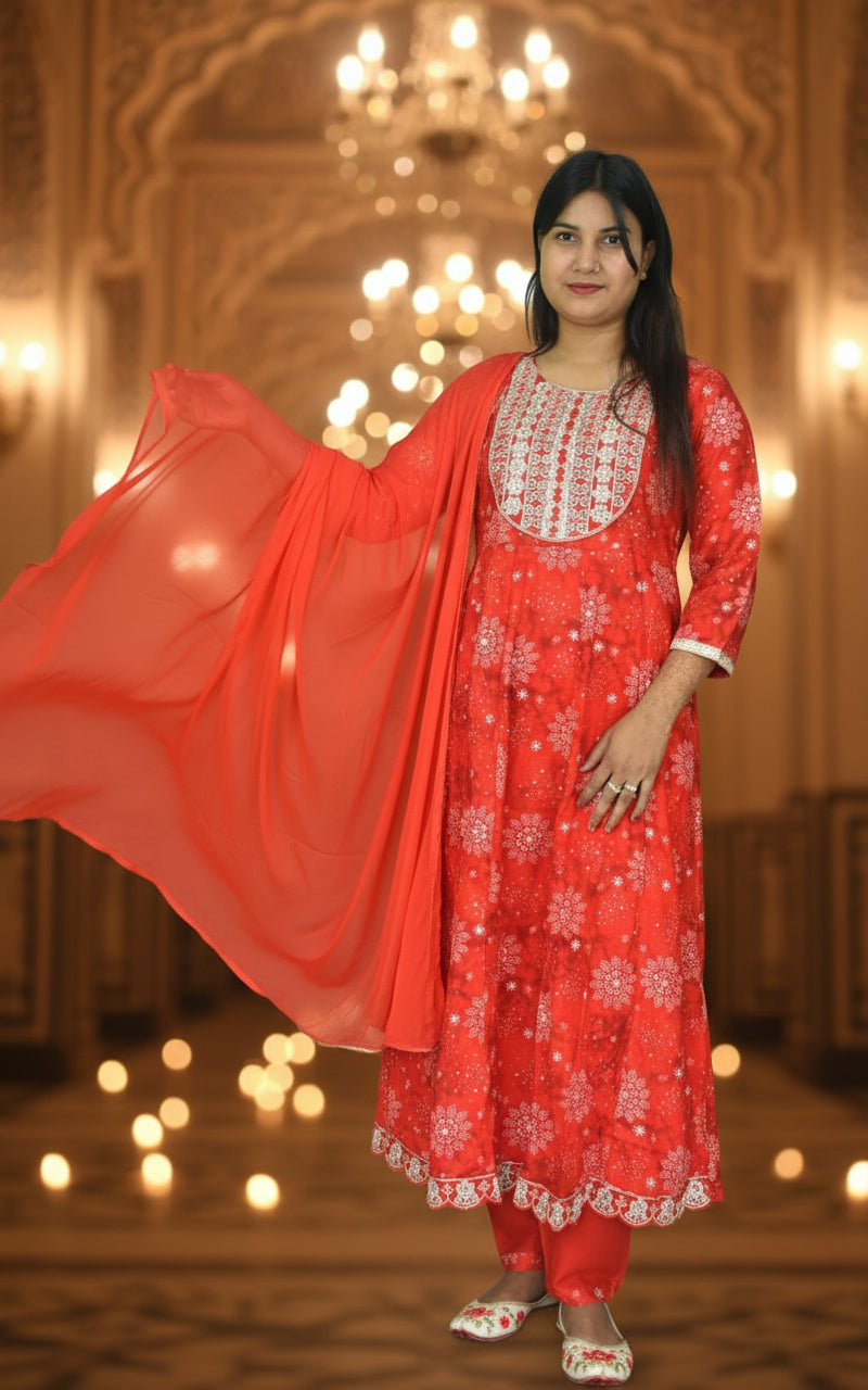 Exquisite Crimson Red Floral Anarkali Set