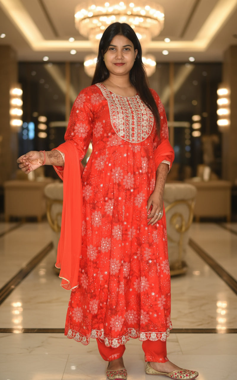 Exquisite Crimson Red Floral Anarkali Set