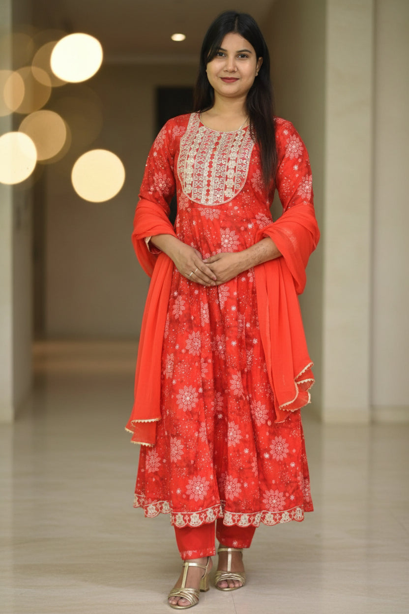 Exquisite Crimson Red Floral Anarkali Set