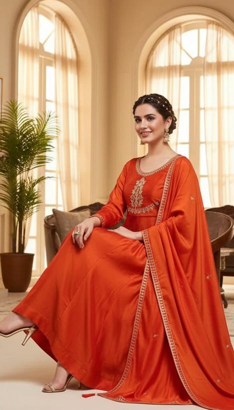 Embroidered Orange Anarkali Kurta Set With Dupatta