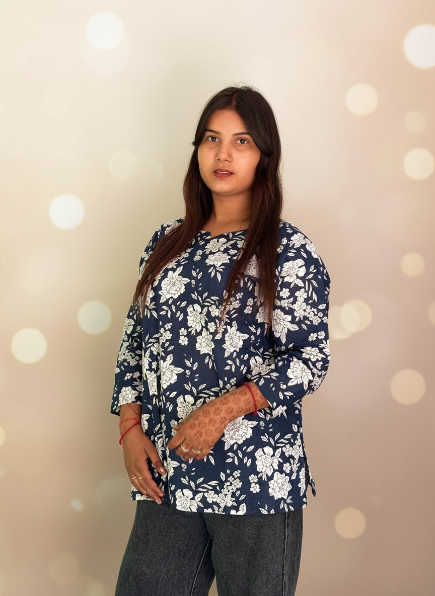 Classic Indigo White Floral Kurti