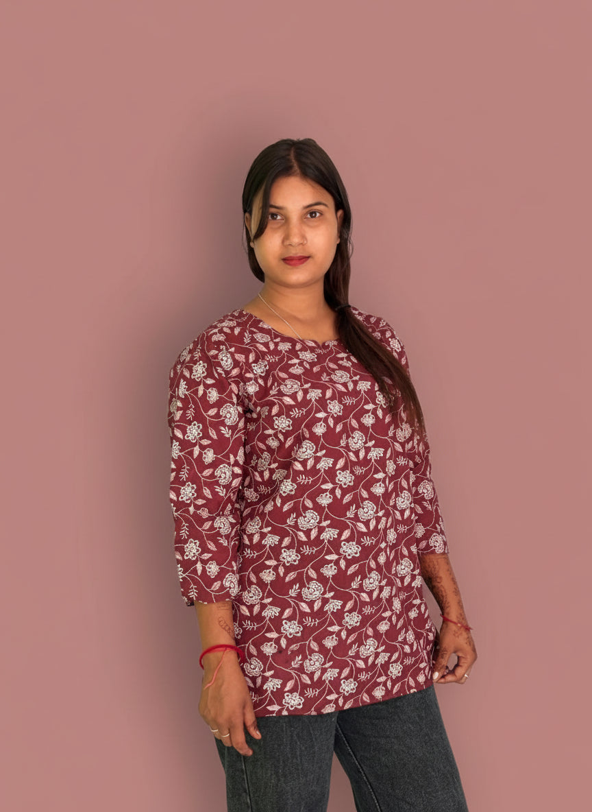 Elegant Maroon Floral Print Short Kurti