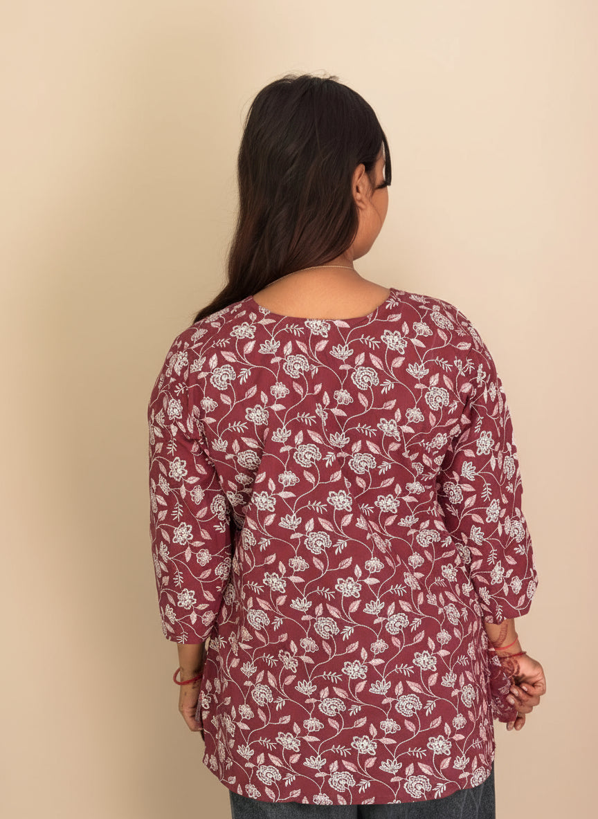 Elegant Maroon Floral Print Short Kurti