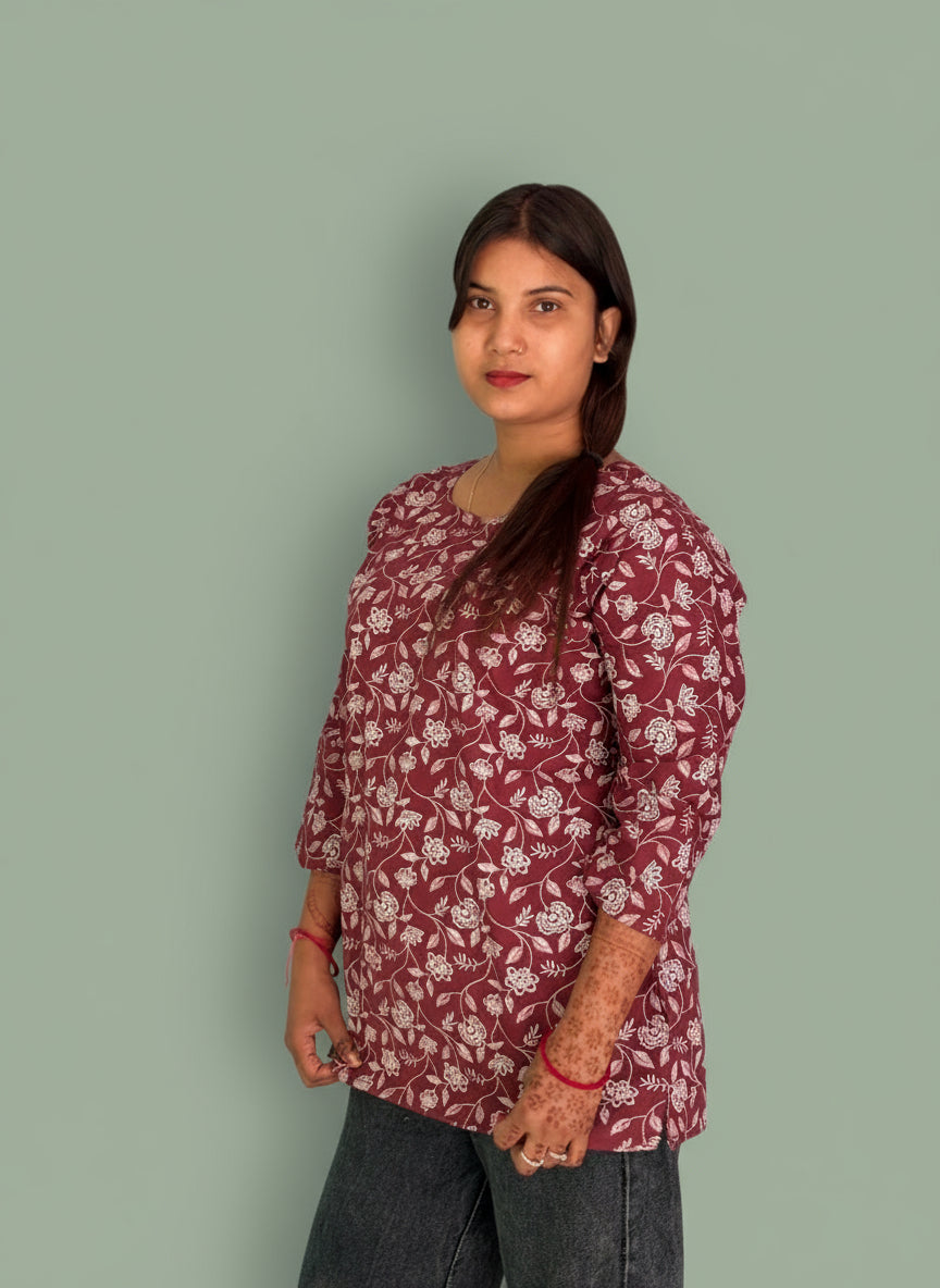 Elegant Maroon Floral Print Short Kurti