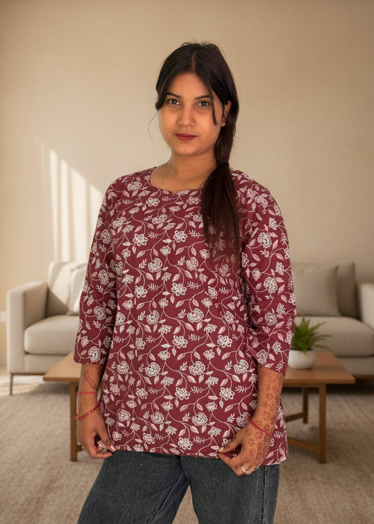 Elegant Maroon Floral Print Short Kurti