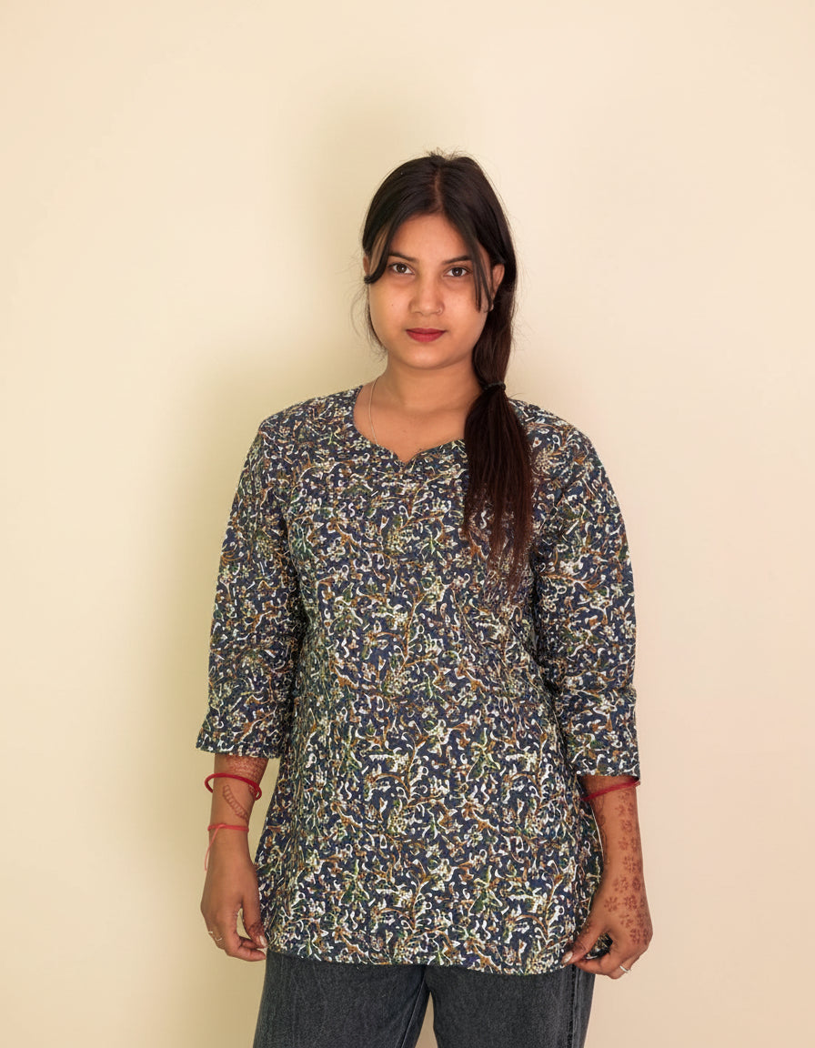 Indigo Floral Kalamkari Short Kurti