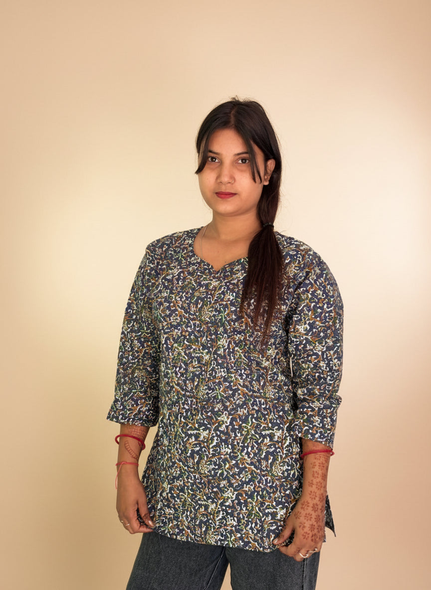 Indigo Floral Kalamkari Short Kurti