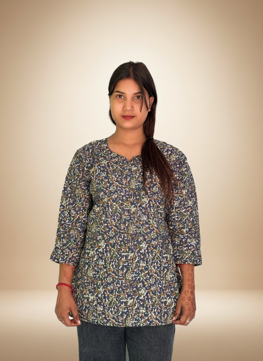 Indigo Floral Kalamkari Short Kurti