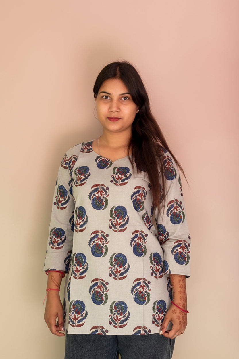 Floral Block-Print Cotton Short Kurti